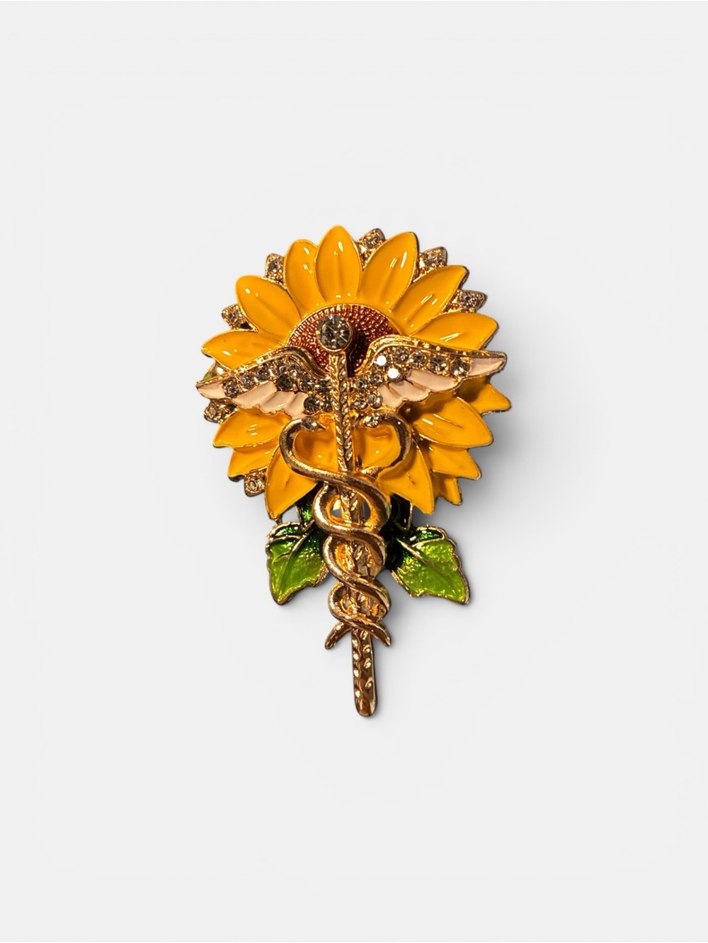 Sunflower Caduceus Pin - Yellow & Green Enamel - Picture 1 of 1